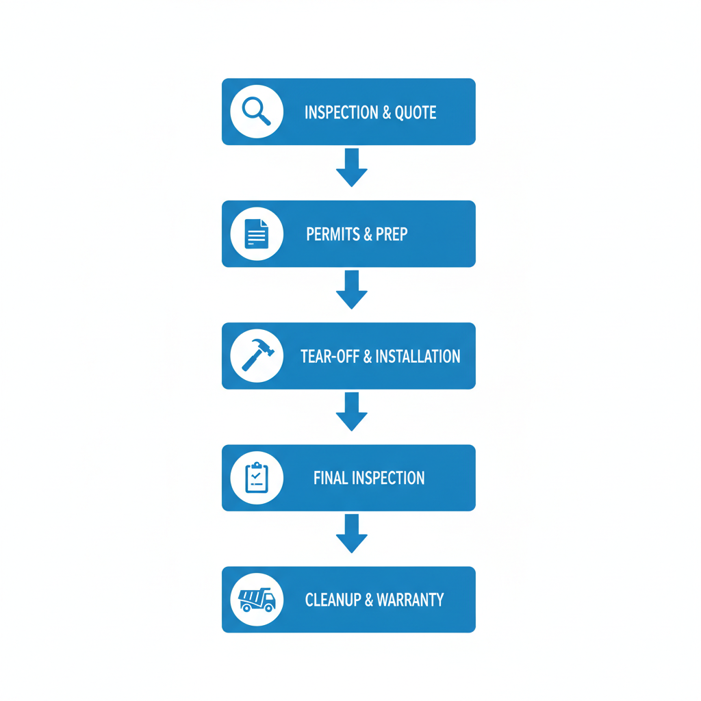Vertical process flow diagram illustrating five key stages of roof replacement in Thousand Oaks: inspection, permits, installation, final check, and cleanup.