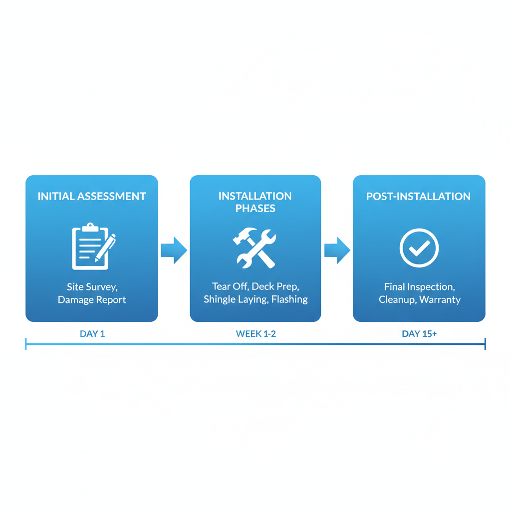 Horizontal process flow diagram illustrating the three key phases of roof replacement in Thousand Oaks with icons and timelines