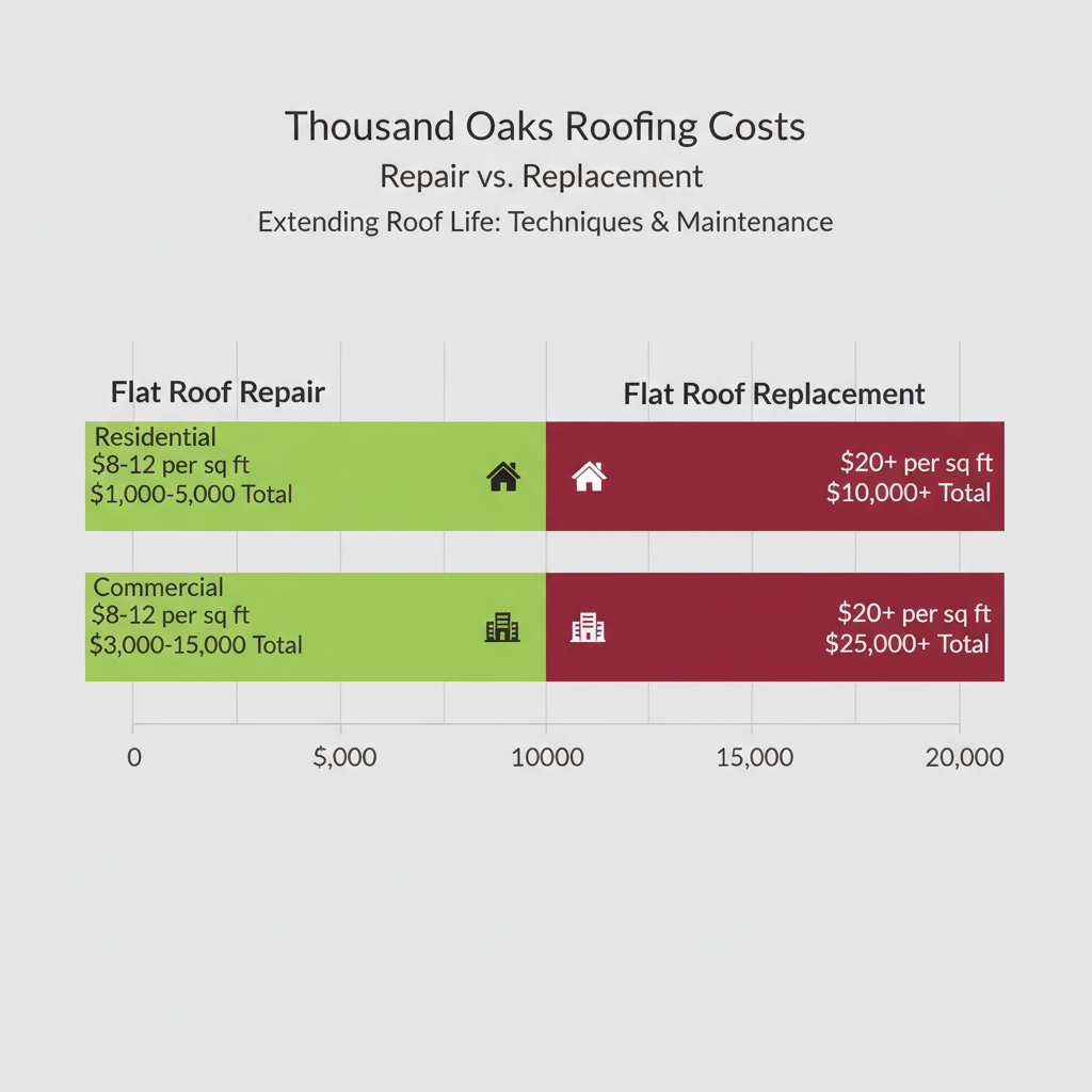 Horizontal bar chart comparing flat roof repair and replacement costs in Thousand Oaks for residential and commercial properties
