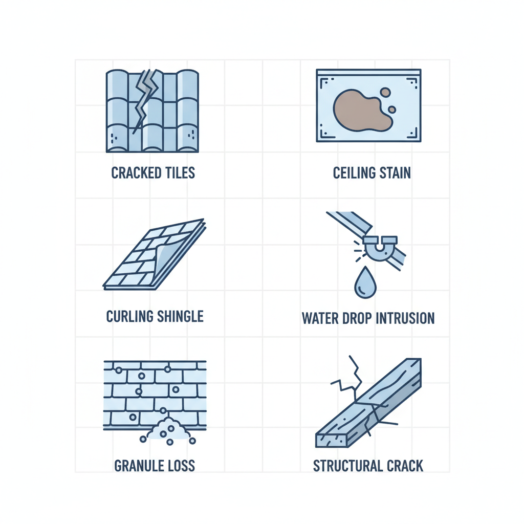 Grid of six icons illustrating common roof damage signs: cracked tiles, curling shingles, granule loss, ceiling stains, water intrusion, and structural wear.