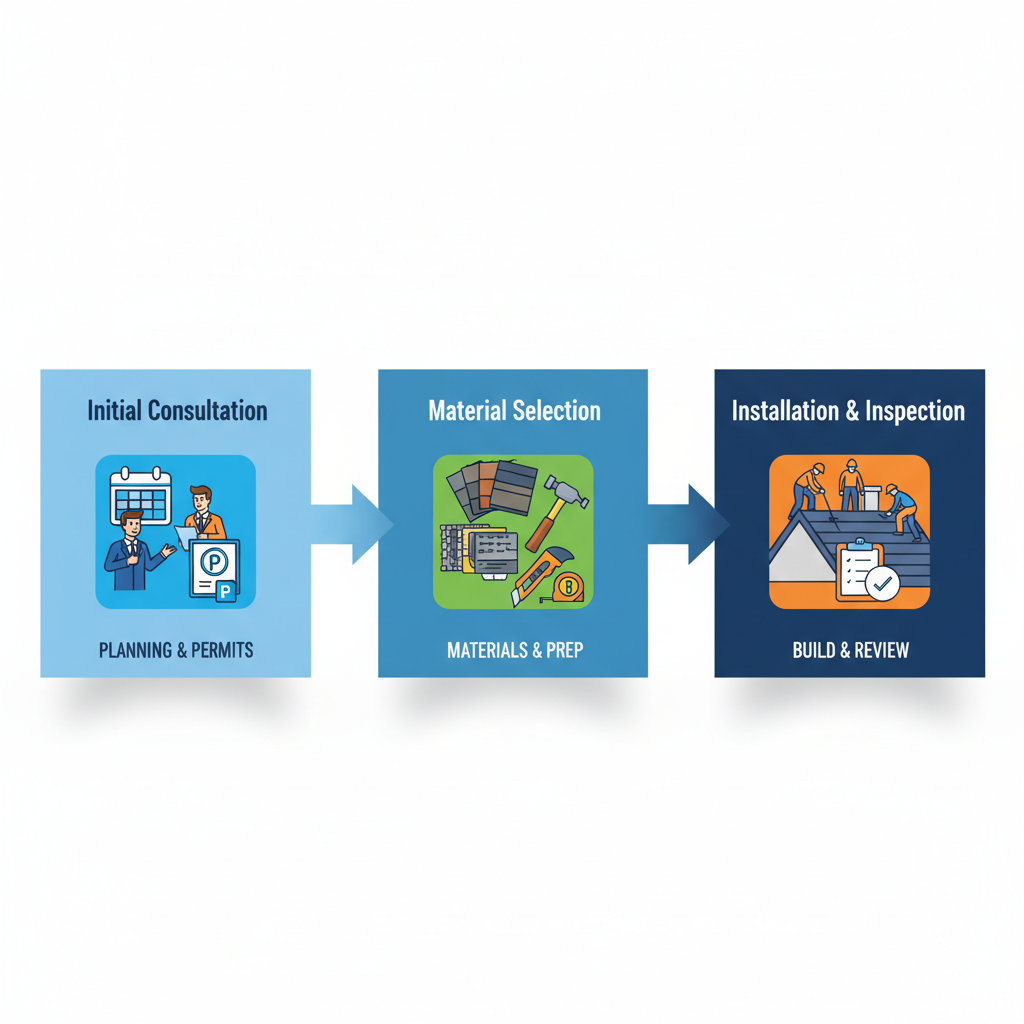 Horizontal process flow diagram illustrating the three key stages of roof replacement in Santa Clarita