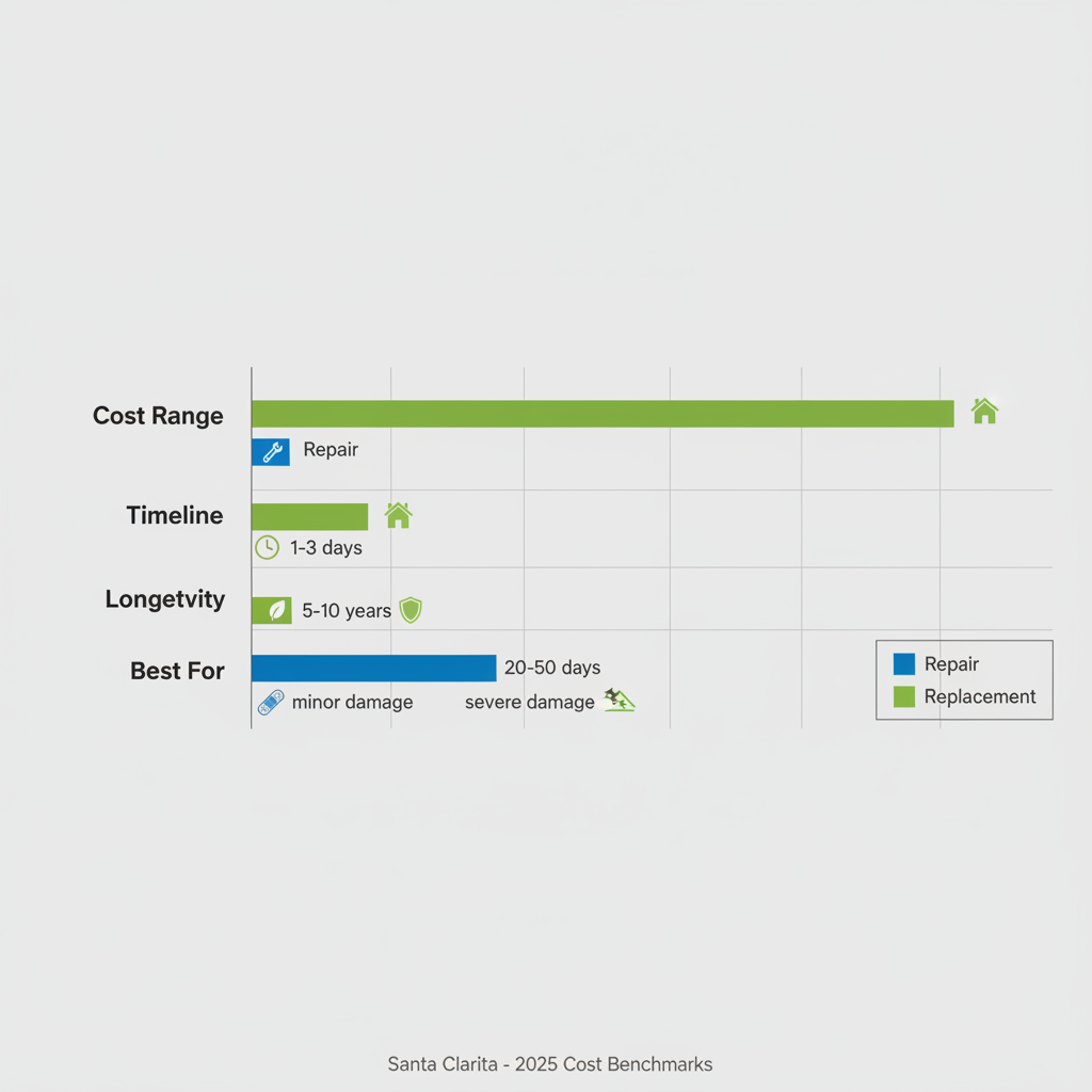 Bar chart comparing roof repair and replacement metrics including cost, timeline, longevity, and best use cases in Santa Clarita