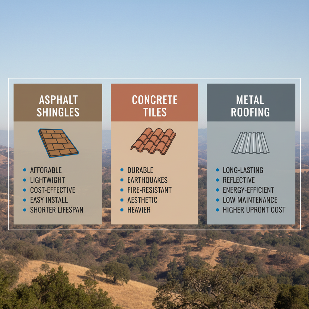 Infographic comparing asphalt shingles, concrete tiles, and metal roofing materials for Santa Clarita homes with pros and cons.