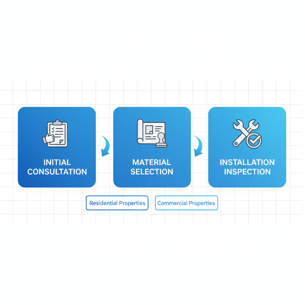 Horizontal process flow diagram depicting the three main stages of roof installation with icons and arrows.