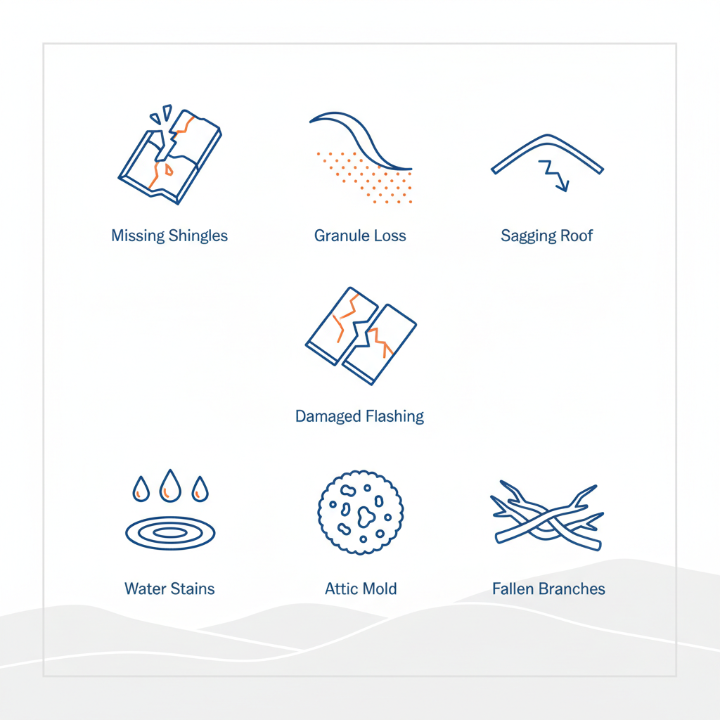 Set of icons depicting common roof damage signs like missing shingles and water stains for Calabasas homeowners