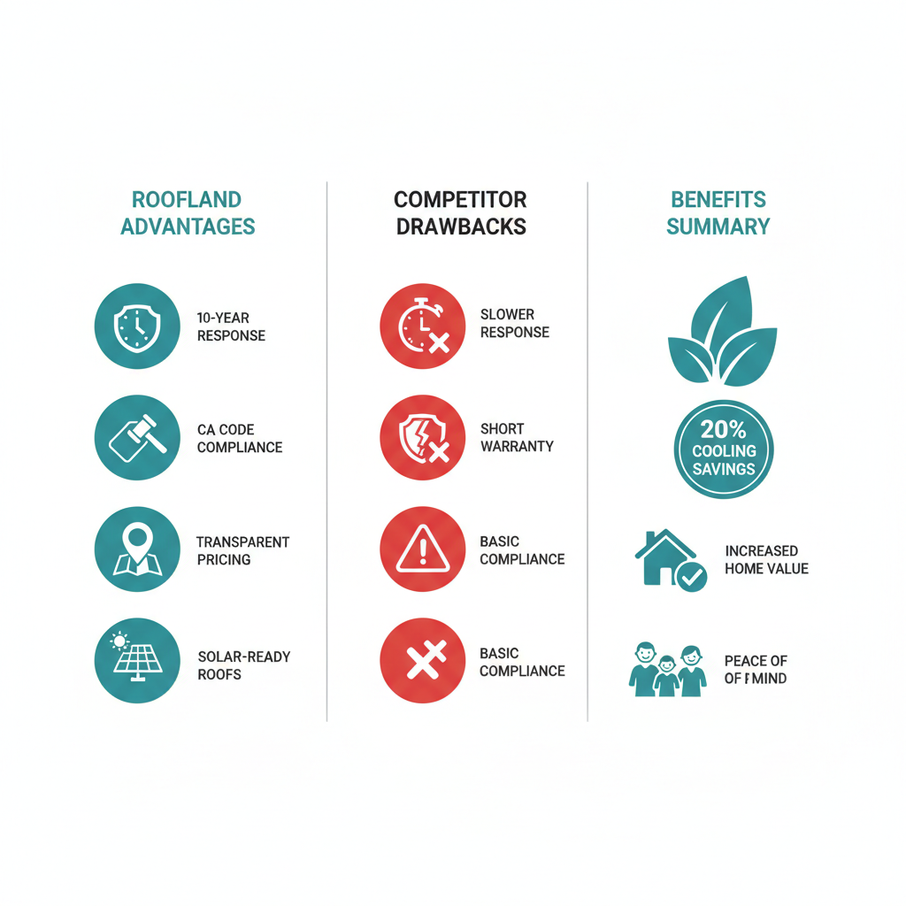 Infographic comparing Roofland roofing advantages to competitors in Calabasas with icons for response time, warranty, compliance, and energy savings