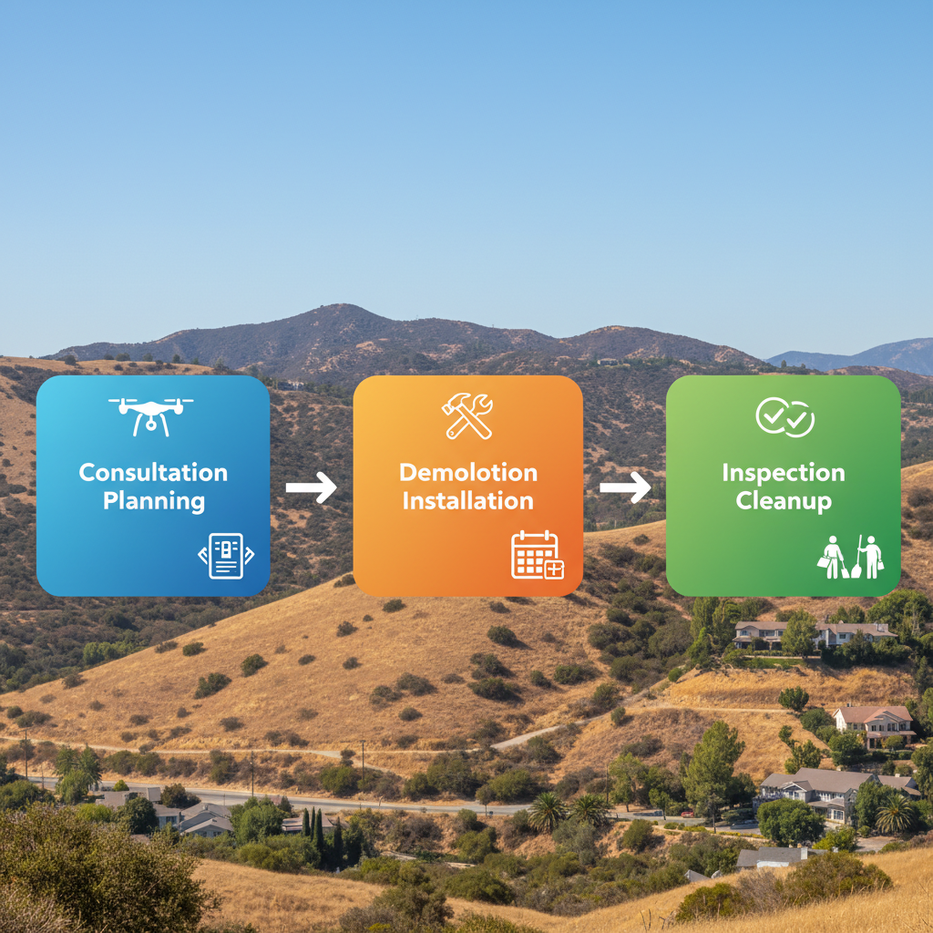 Horizontal process flow diagram illustrating the three phases of roof replacement in Calabasas with icons and minimal labels.