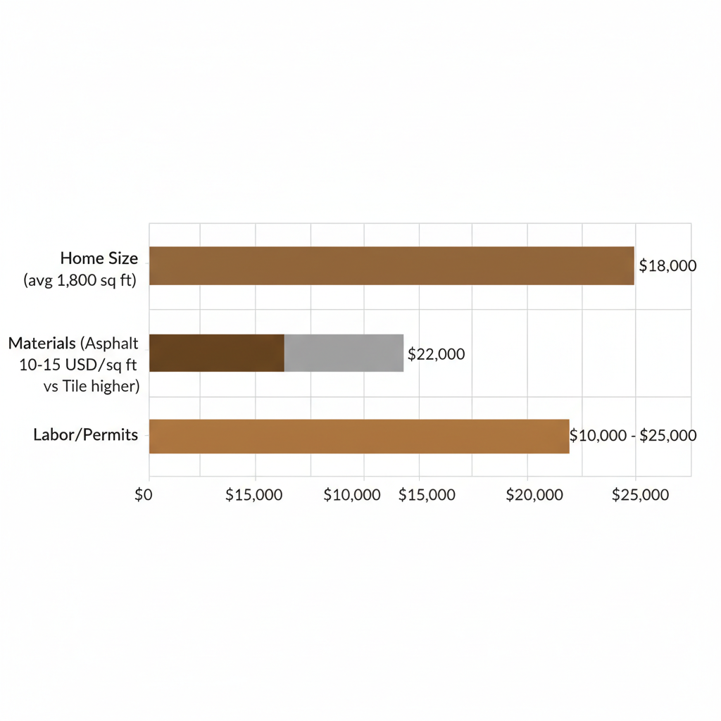 Bar chart showing cost influences for roof replacement in Calabasas including home size, materials, and labor