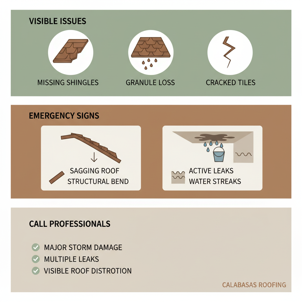 Infographic showing key signs of roof damage in Calabasas, including visible issues, emergency signs, and professional checklist.