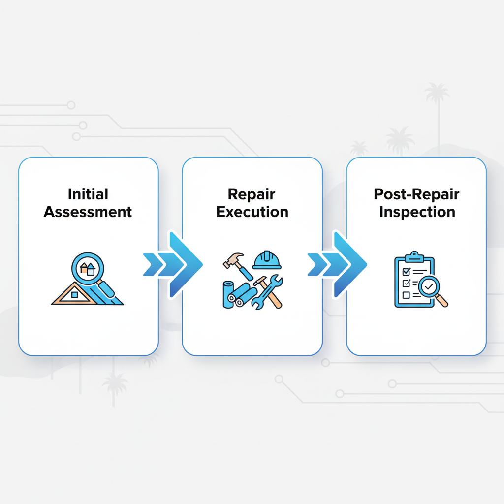 Horizontal process flow diagram showing the three stages of roof repair in Calabasas: initial assessment with inspection and tarp, repair execution with tools and materials, and post-repair inspection with checklist.