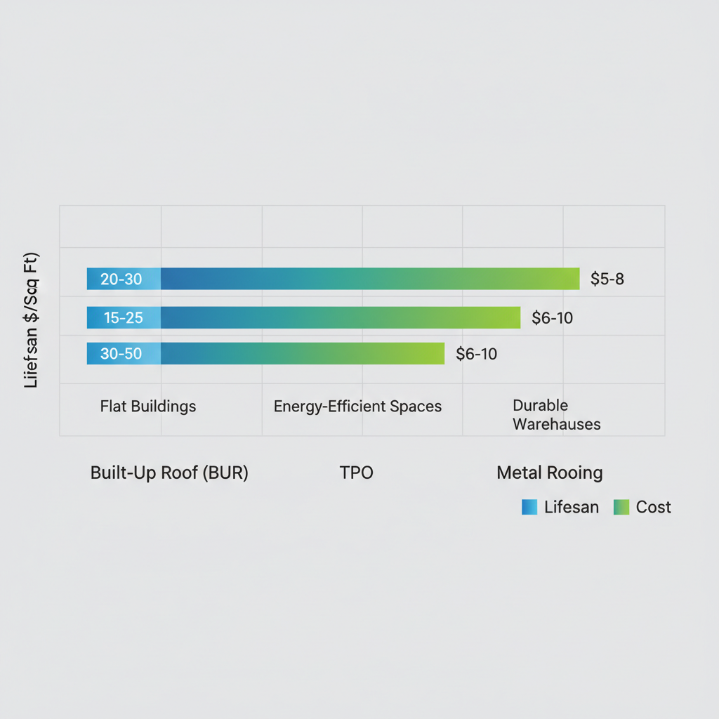 Horizontal bar chart comparing lifespan and cost of BUR, TPO, and Metal commercial roofing systems in Calabasas