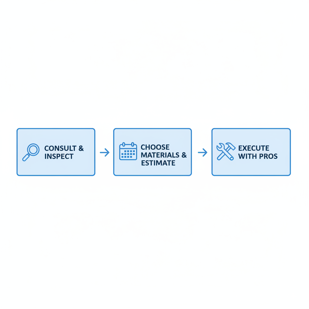 Horizontal process flow diagram illustrating three key stages of commercial roofing projects including assessment, material selection, and installation.