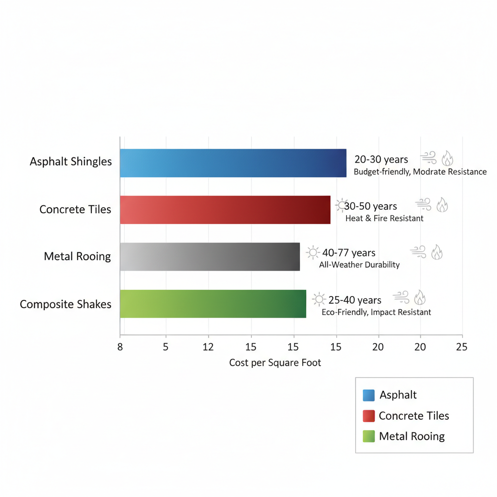 Horizontal bar chart comparing costs per square foot and durability of asphalt shingles, concrete tiles, metal roofing, and composite shakes for West Hills homes