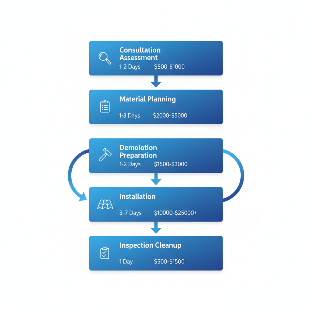 Visual diagram of the five-step roofing repair and replacement process in West Hills, including consultation, planning, demolition, installation, and inspection with timelines and costs.