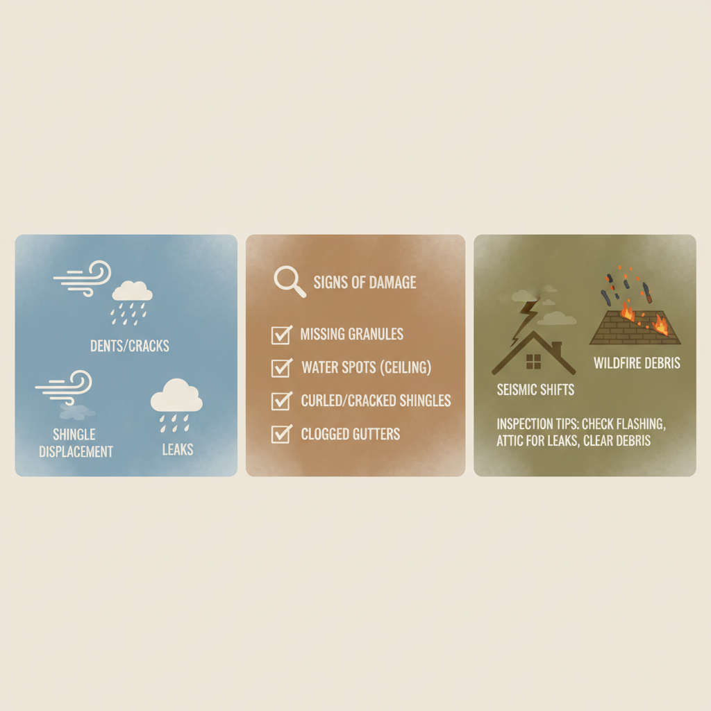 Infographic illustrating types of storm damage to roofs, identification signs, and local factors in Calabasas