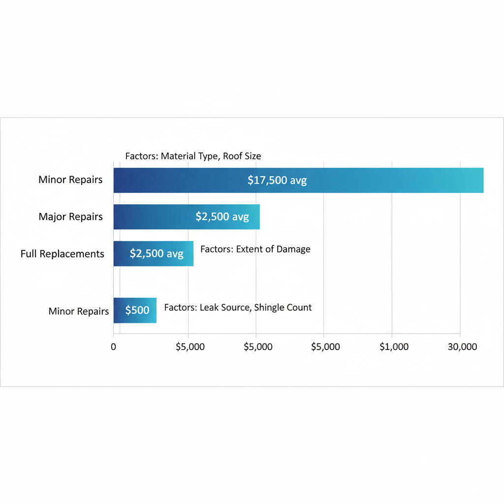 Bar chart of average roof repair and replacement costs in Calabasas, including minor repairs at $500, major at $2,500, and full replacements at $17,500.