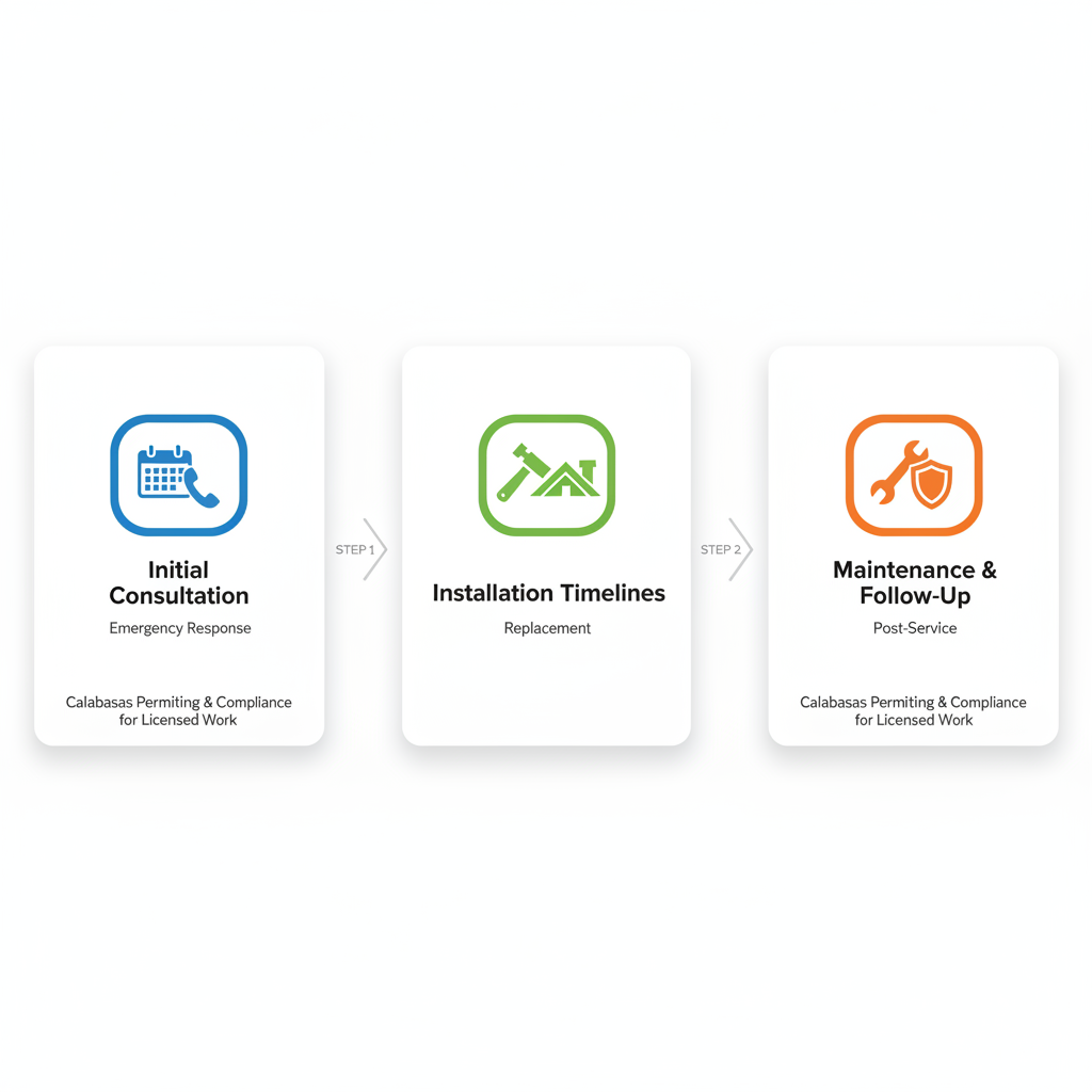 Horizontal process flow diagram illustrating the three key stages of roofing services in Calabasas: consultation, installation, and maintenance.