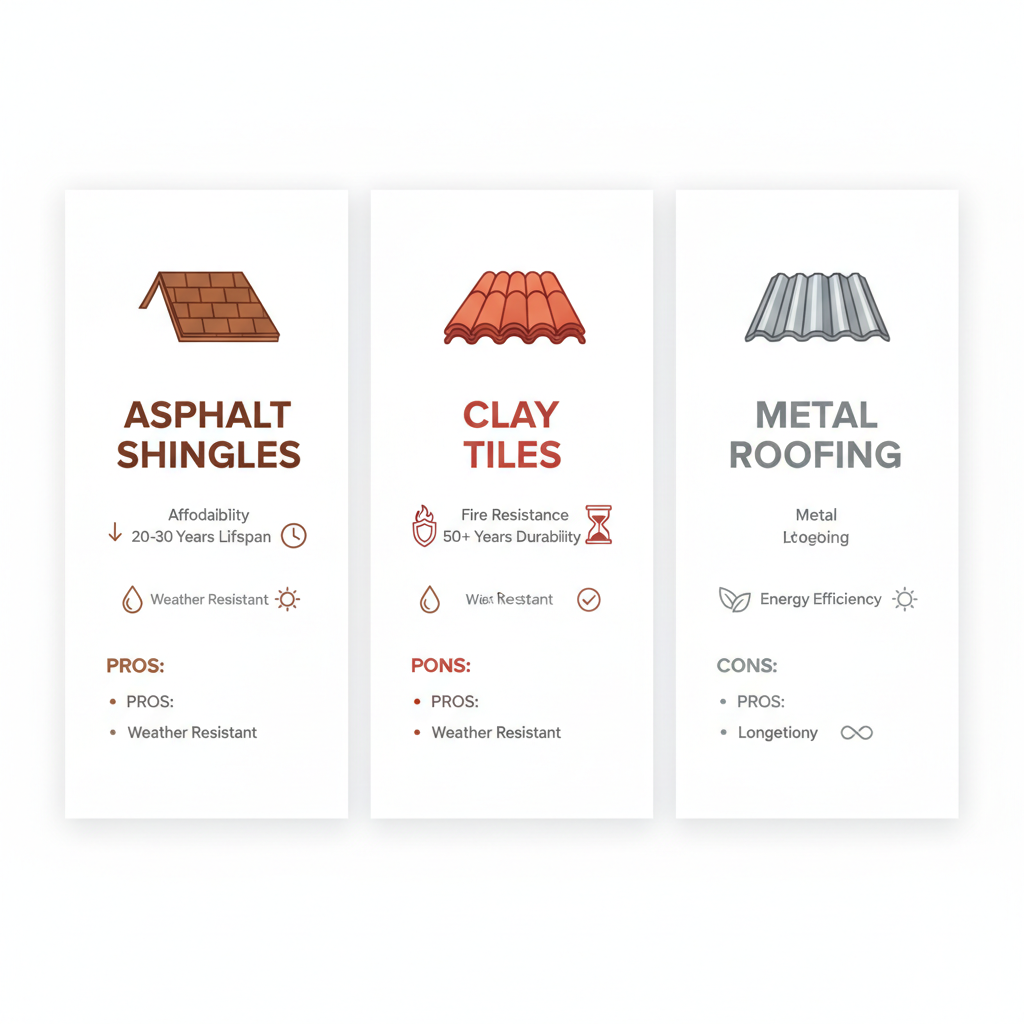 Infographic comparing asphalt shingles, clay tiles, and metal roofing materials with key features and lifespans for West Hills homes