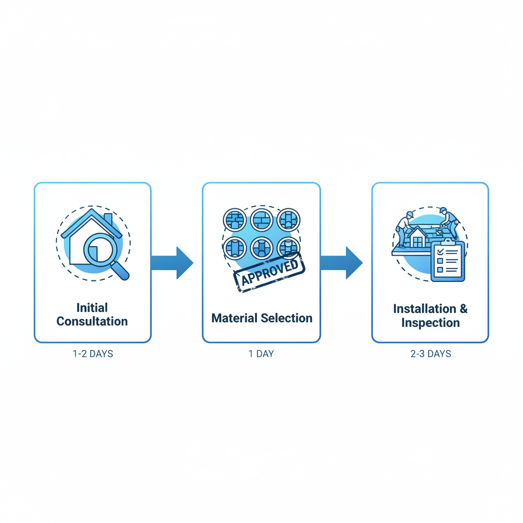 Horizontal process flow diagram illustrating the three key stages of roof replacement: consultation, material selection and permitting, installation and inspection.