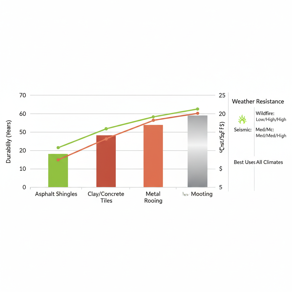 Horizontal bar and line chart comparing durability, cost, weather resistance, and uses of asphalt shingles, clay/concrete tiles, and metal roofing for West Hills, CA climate.
