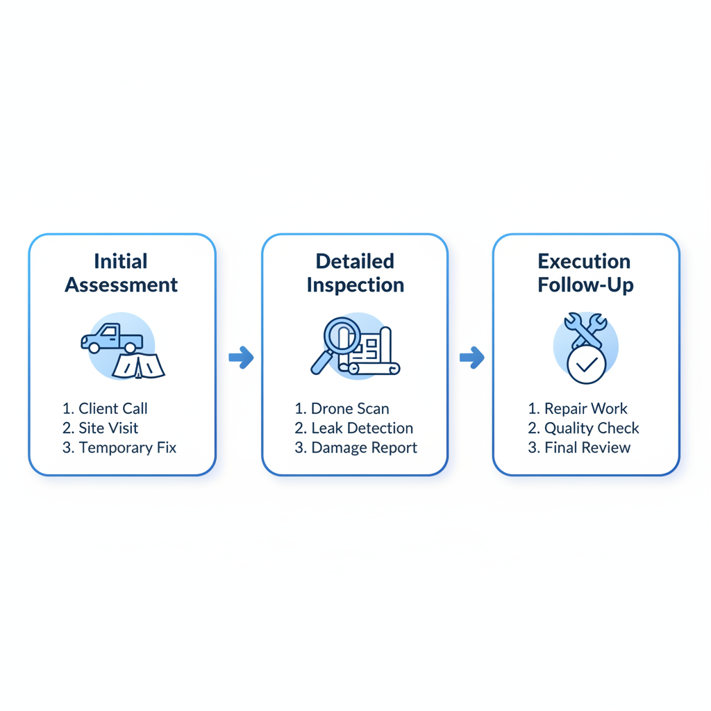 Horizontal process flow diagram showing three stages of roof repair process in West Hills, CA: initial assessment, detailed inspection, and execution with follow-up.