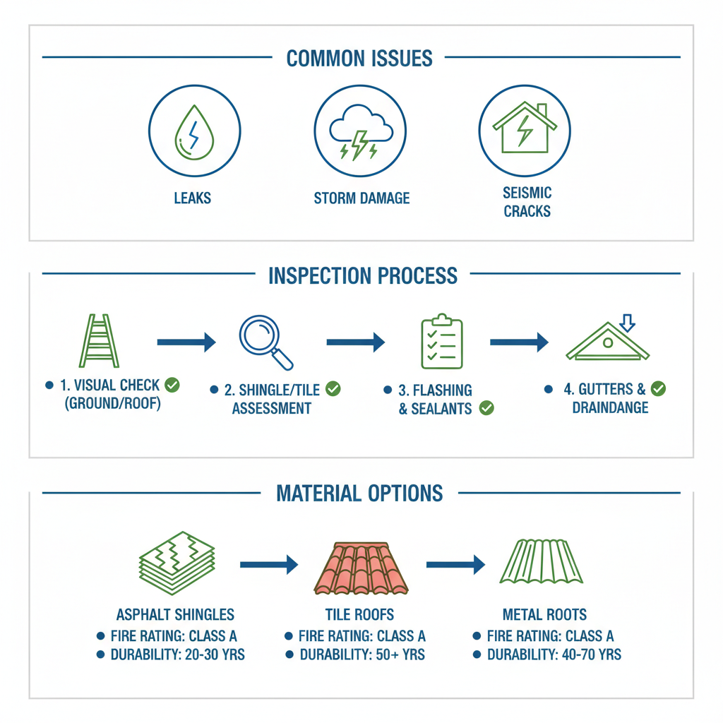 Infographic illustrating common roofing problems like leaks and storm damage, roof inspection steps, and comparisons of asphalt, tile, and metal roofing materials for Simi Valley residences