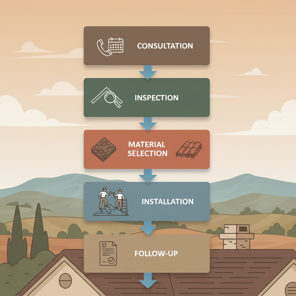 Process flow diagram illustrating five stages of roofing services in Simi Valley: consultation, inspection, material selection, installation, and follow-up with icons and arrows.