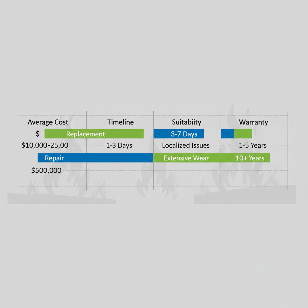 Horizontal bar chart comparing roof repair and replacement in Simi Valley: costs, timeline, suitability, and warranty