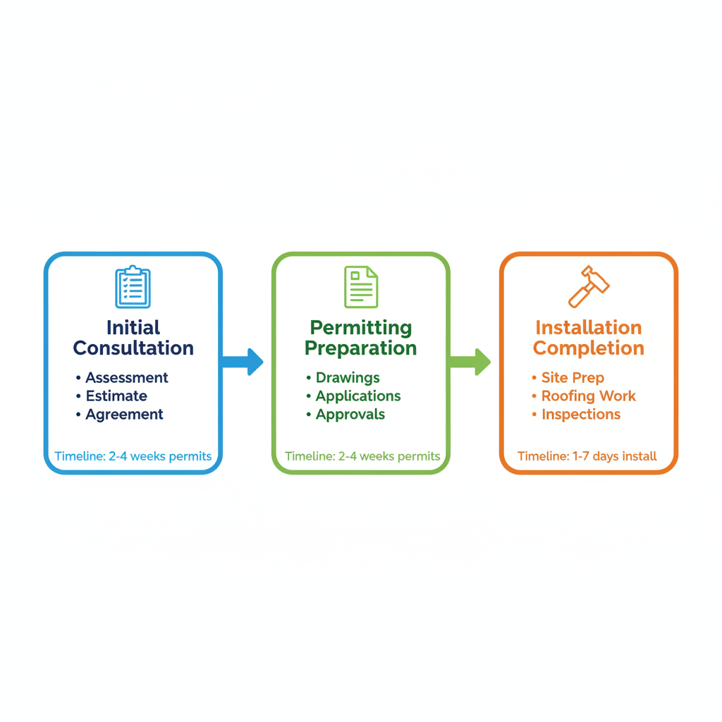 Horizontal process flow diagram illustrating the three-stage roofing process in Simi Valley: consultation, permitting and preparation, installation and completion.