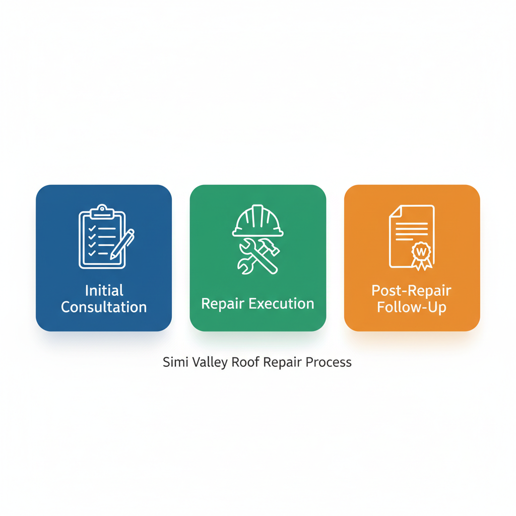 Horizontal process flow diagram showing three stages of roof repair: initial consultation, repair execution, and post-repair follow-up in Simi Valley