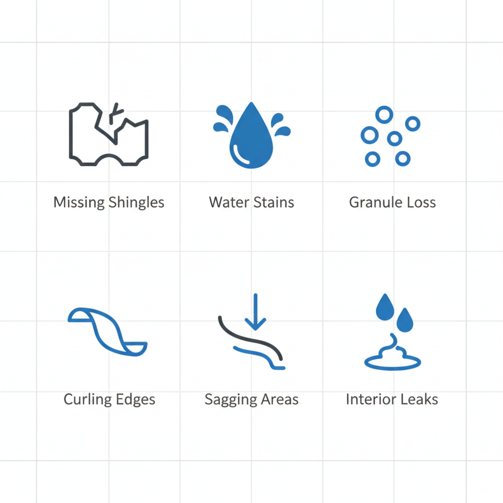 Grid of six icons illustrating common signs of roof damage in Simi Valley including missing shingles, water stains, and more.