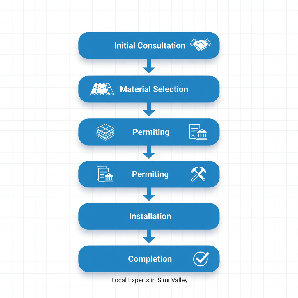 Vertical process flow diagram illustrating the five stages of the roofing process: initial consultation, material selection, permitting, installation, and completion with icons.