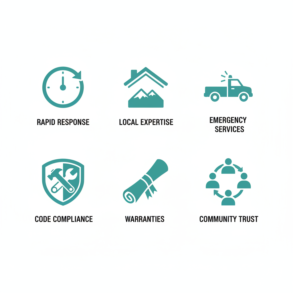 Icons illustrating benefits of local roofing company in Simi Valley: rapid response, local expertise, emergency services, code compliance, warranties, and community trust.