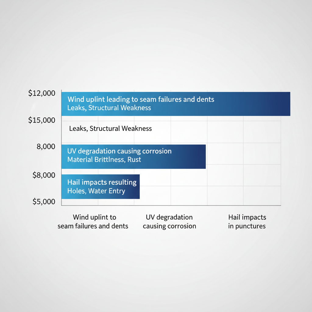 Horizontal bar chart illustrating common causes of metal roof damage in Simi Valley and associated repair costs