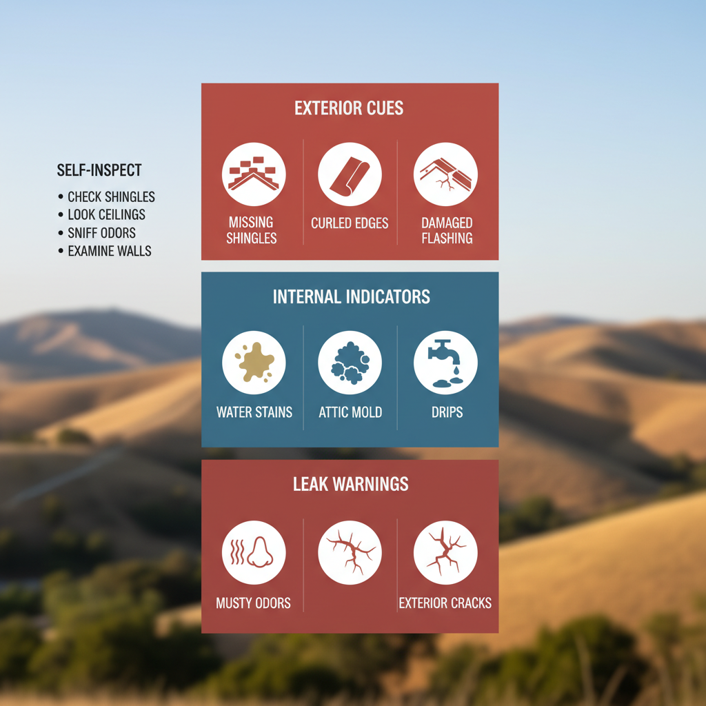 Infographic depicting exterior, internal, and leak indicators for roof damage in Simi Valley homes including icons for missing shingles, water stains, and checklist.