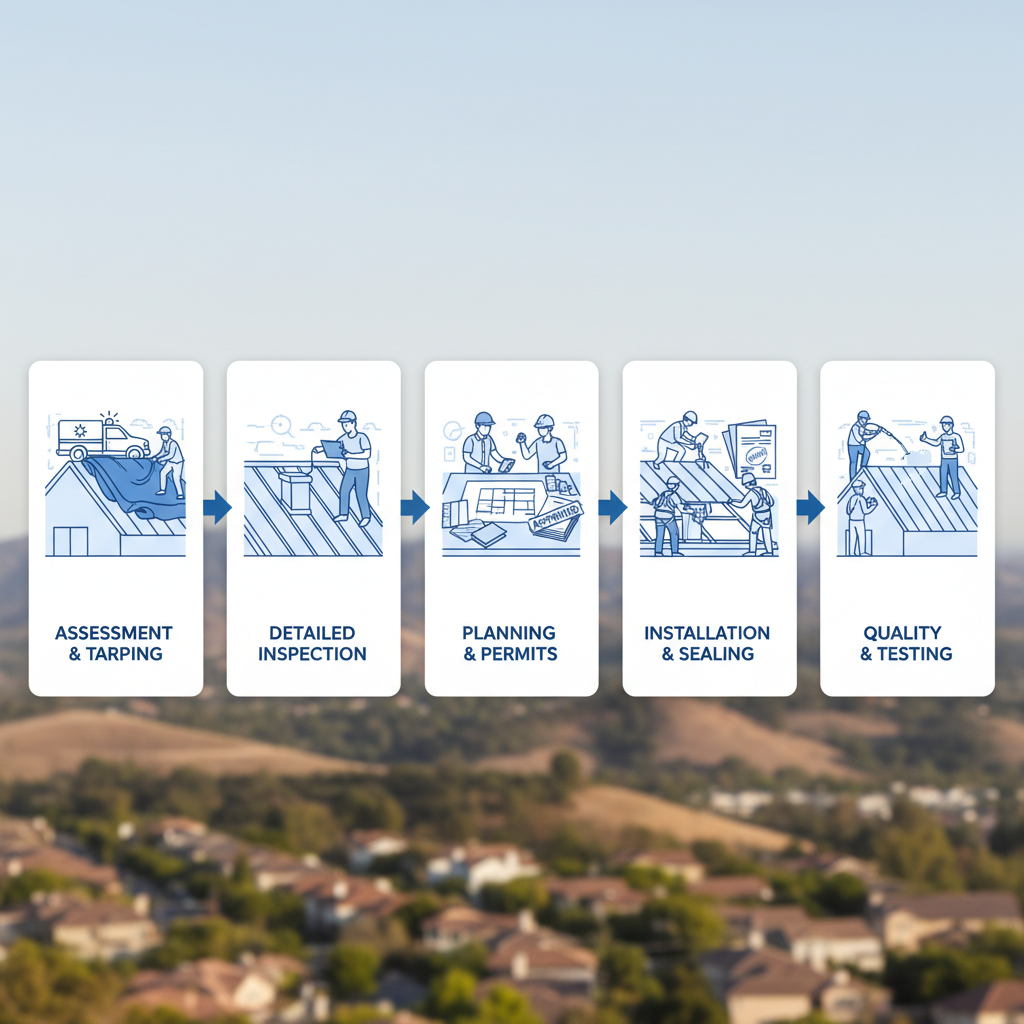 Horizontal process flow diagram illustrating the five-step metal roof repair process in Simi Valley