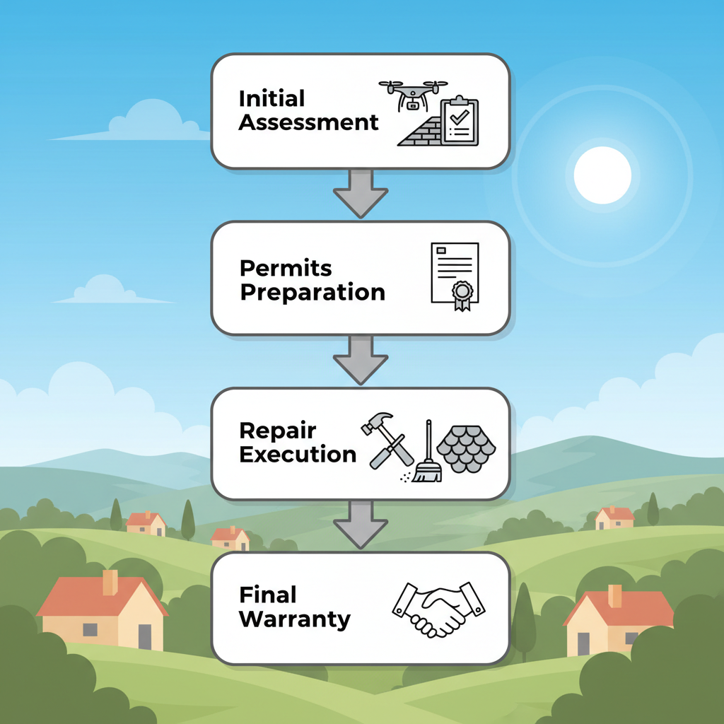 Vertical process flow diagram illustrating the five stages of professional roof repair in Simi Valley, from initial assessment to final warranty.