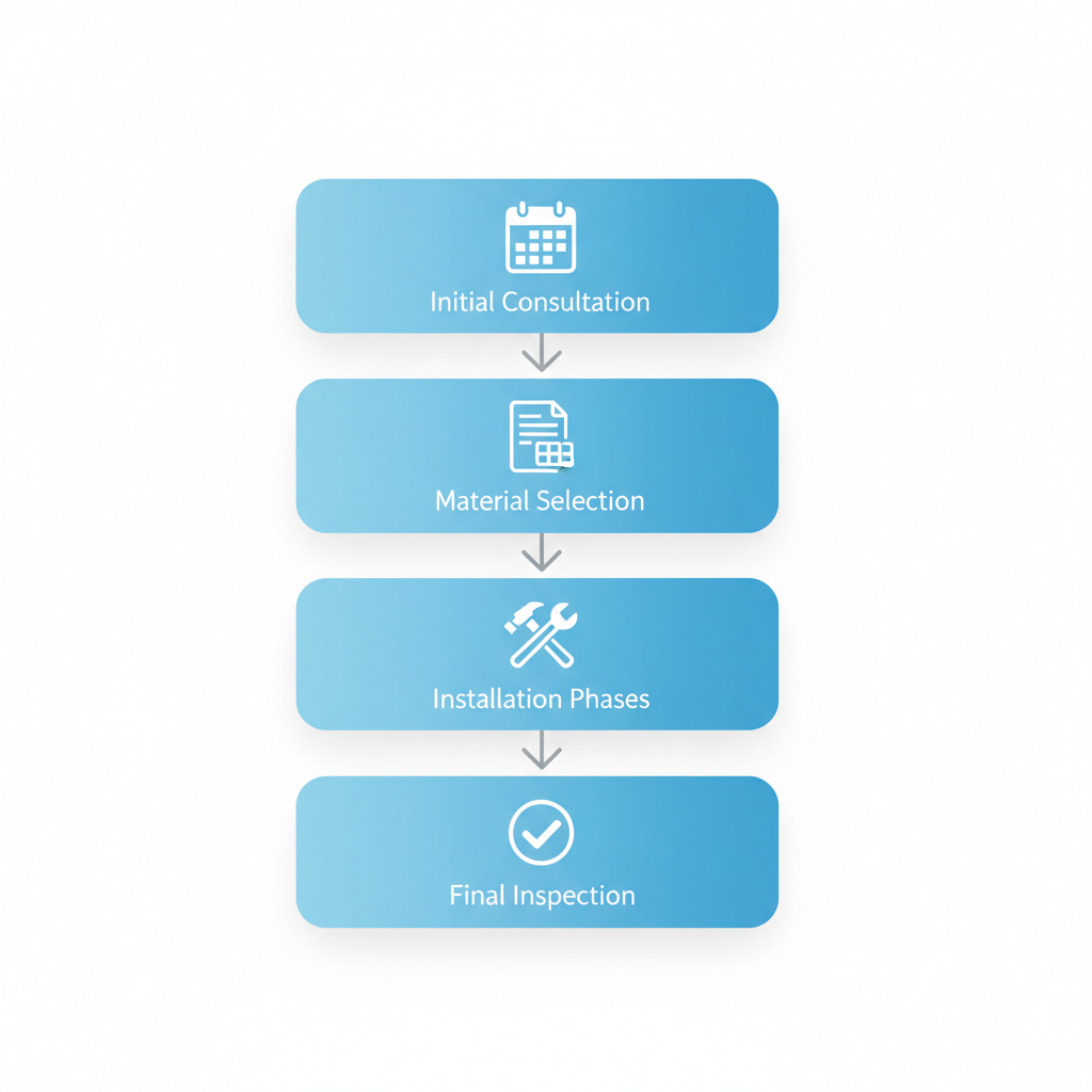 Vertical process flow diagram showing four stages of roof replacement in Simi Valley with icons and brief labels