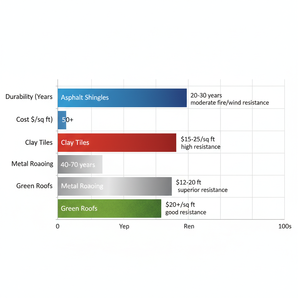 Horizontal bar chart comparing durability, cost, and resistance of roofing materials for Camarillo homes