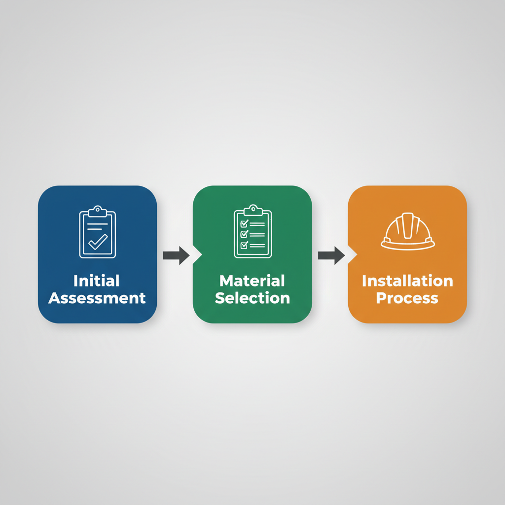 Horizontal process flow diagram of the three main stages in the roofing process: assessment, selection, and installation