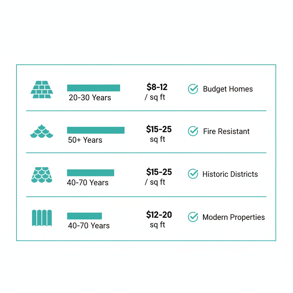 Comparison table of roofing materials including asphalt shingles, clay tile, and metal roofing, showing durability, cost per square foot, and suitability for Camarillo climate with visual bars and checkmarks.