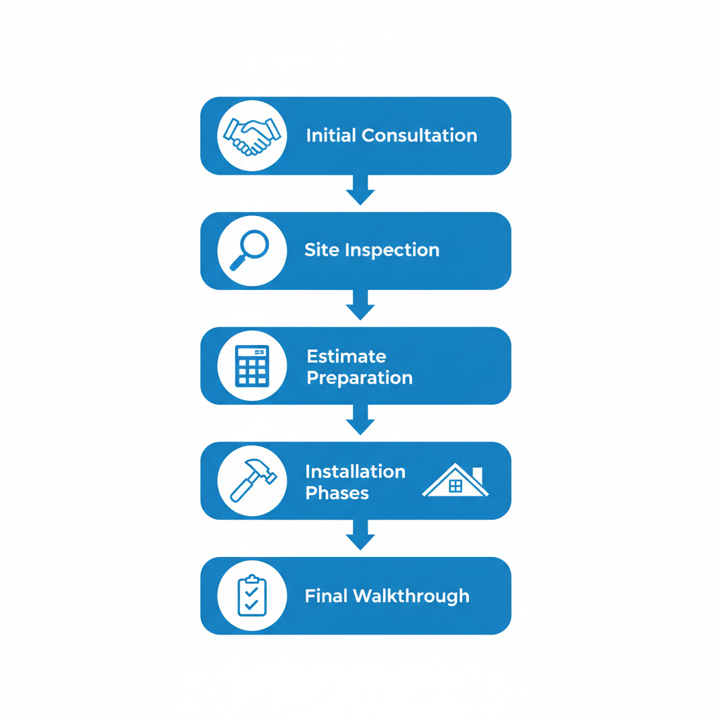 Vertical process flow diagram showing five key stages of a roofing project in Camarillo: consultation, inspection, estimate, installation, and walkthrough.