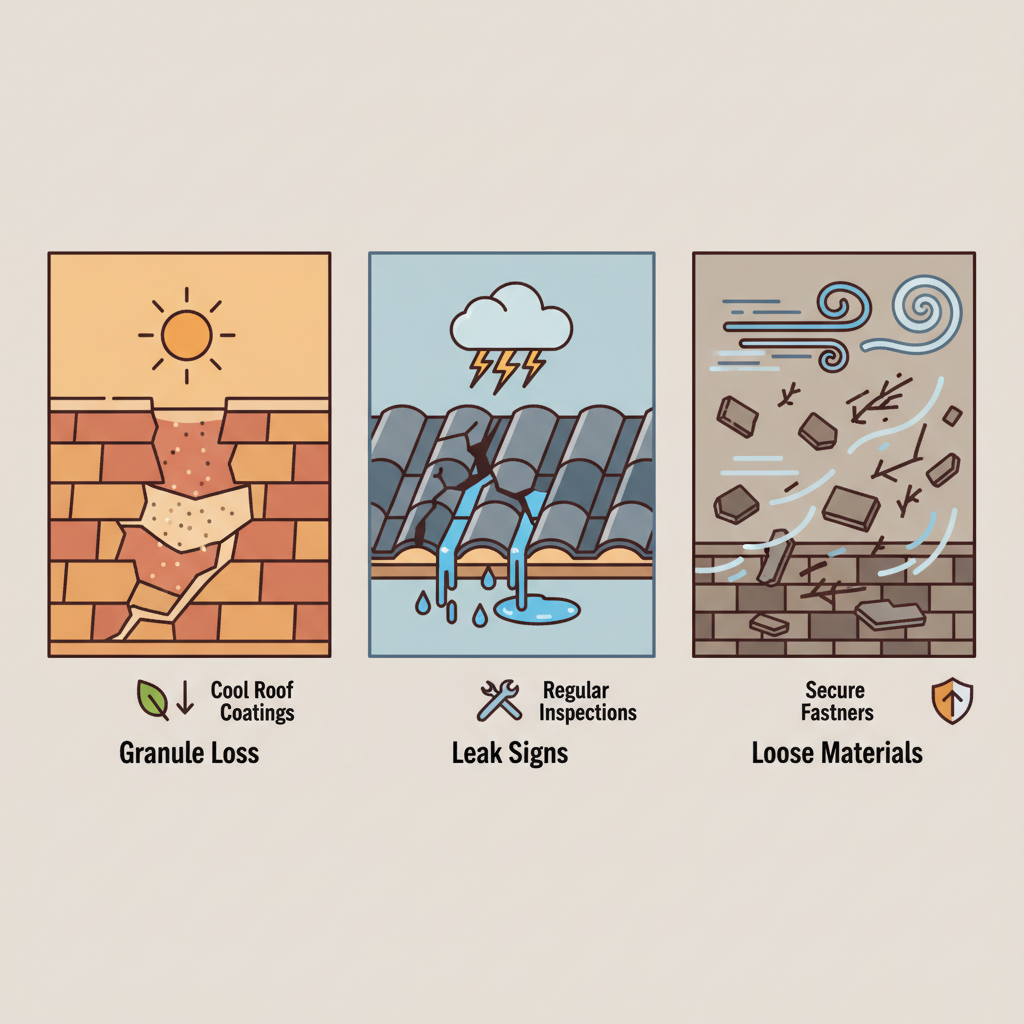 Infographic illustrating common roofing issues from dry heat, storms, and wind in Camarillo's climate