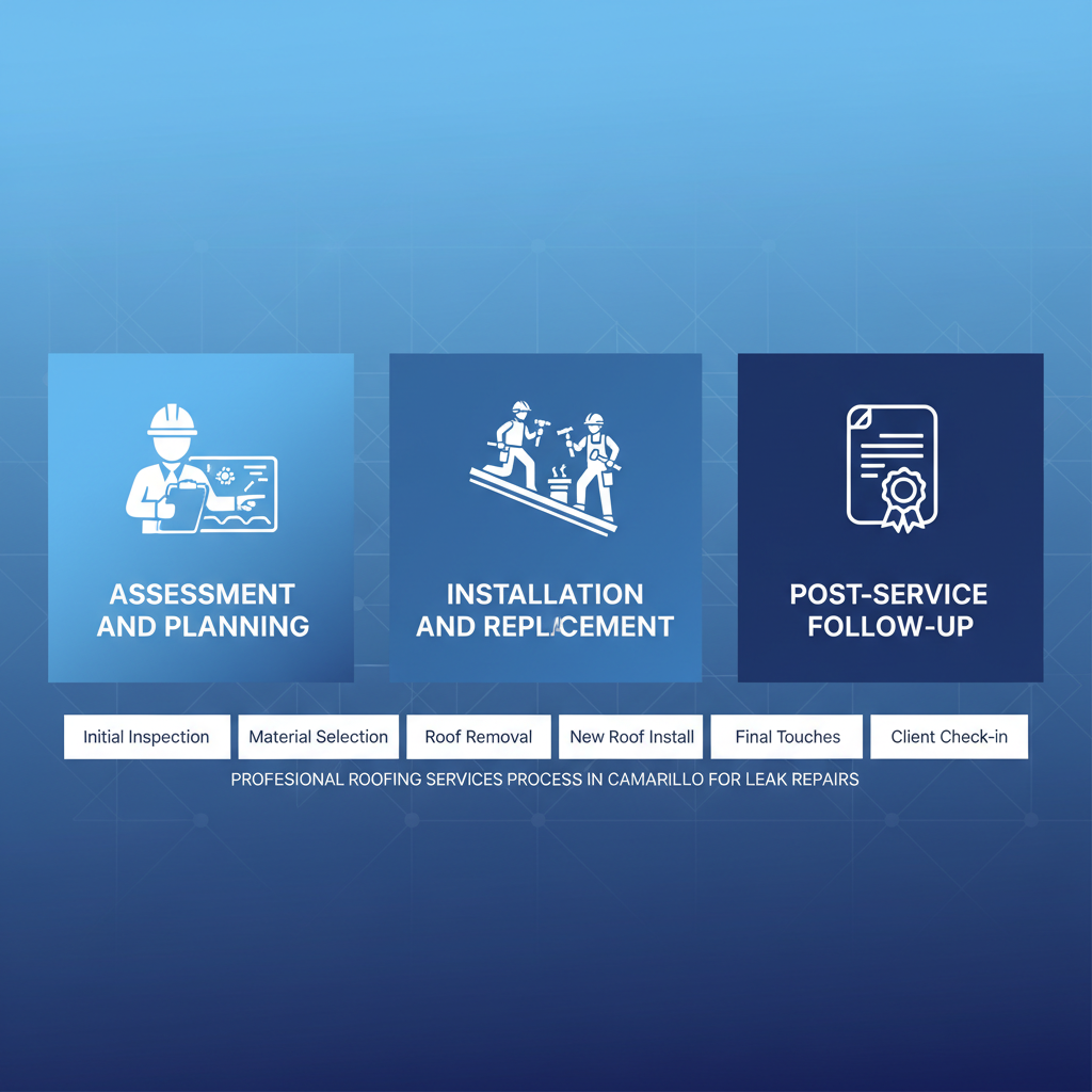 Horizontal process flow diagram showing three stages of professional roofing services in Camarillo: assessment, installation, and follow-up.