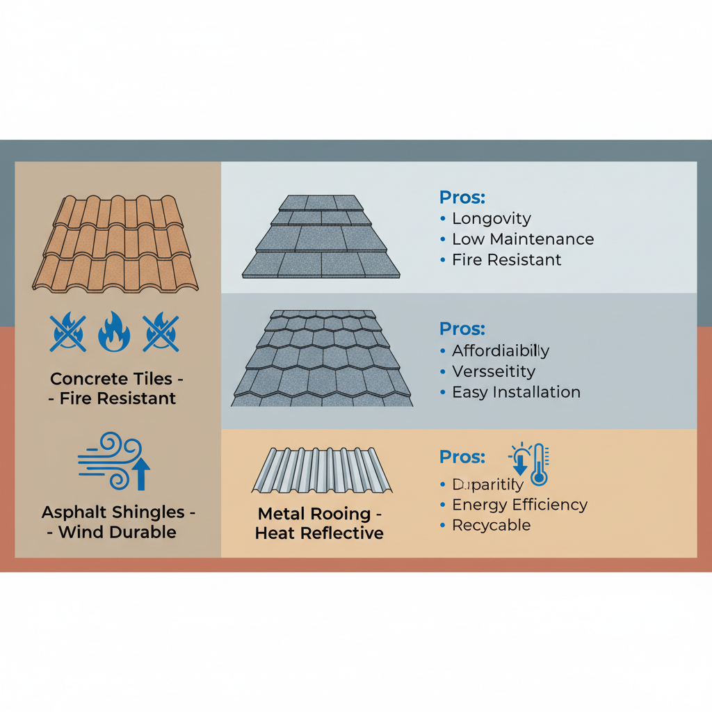 Infographic illustrating common roofing materials for Camarillo's climate: concrete tiles, asphalt shingles, and metal roofing with pros and icons.
