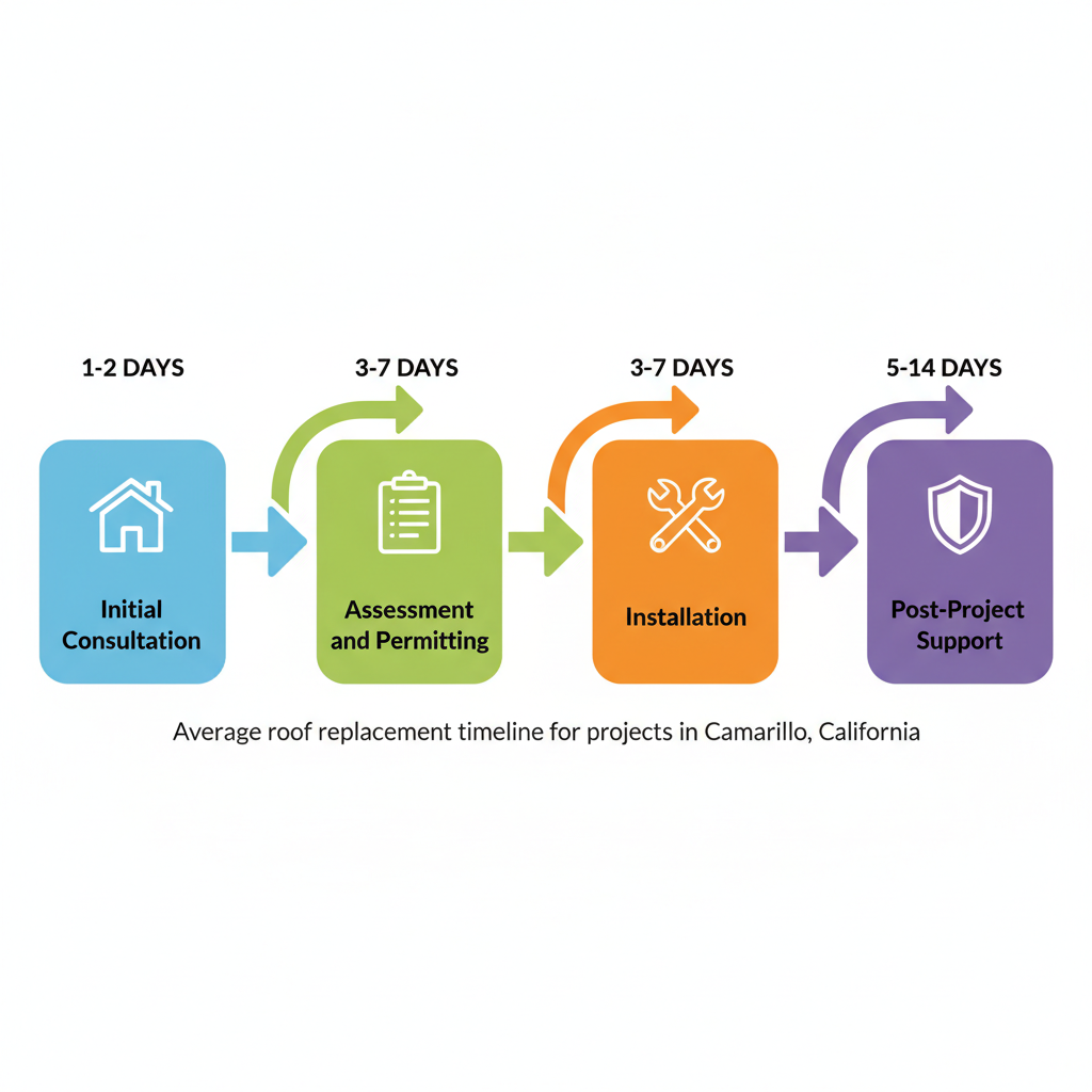 Horizontal process flow diagram illustrating four stages of roofing projects in Camarillo, California: consultation, assessment, installation, and support.