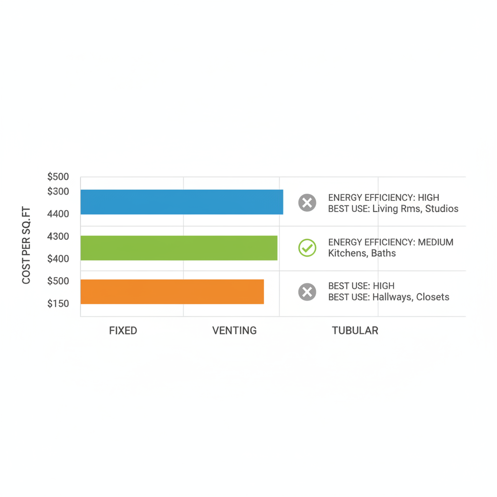 Horizontal bar chart comparing costs and features of fixed, venting, and tubular skylights suitable for Camarillo homes