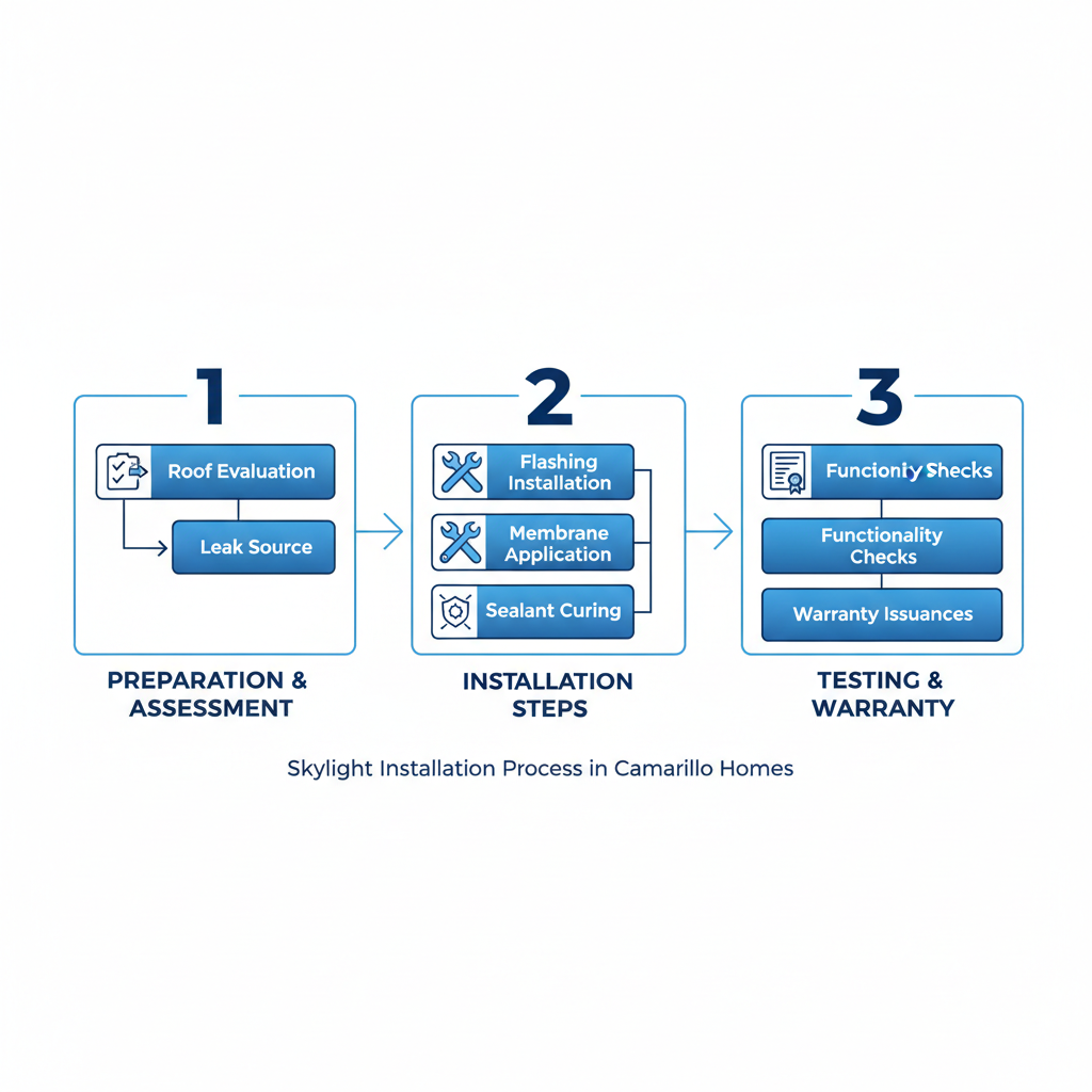Horizontal process flow diagram of skylight installation stages: preparation, installation, and post-installation testing with icons and brief action labels.