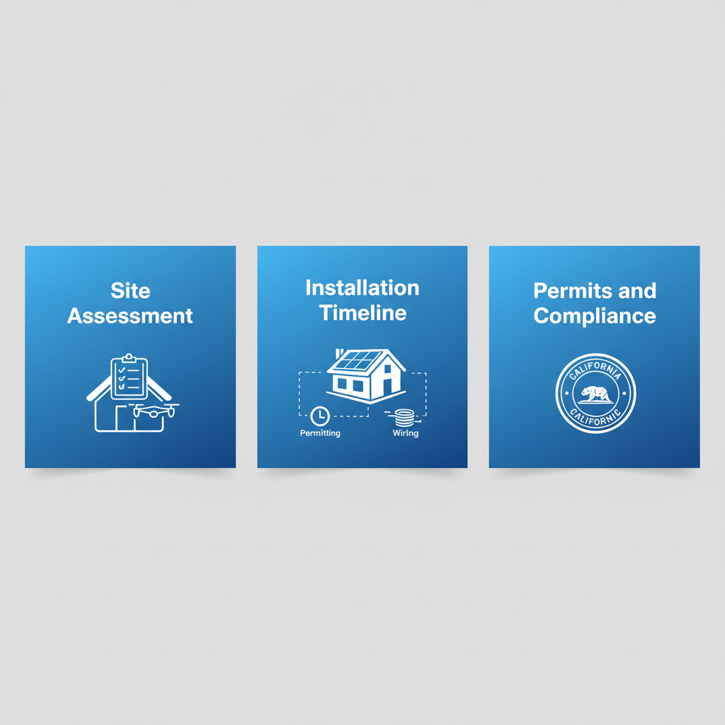 Horizontal process flow diagram illustrating site assessment, installation timeline, and permits compliance for solar installation in Camarillo