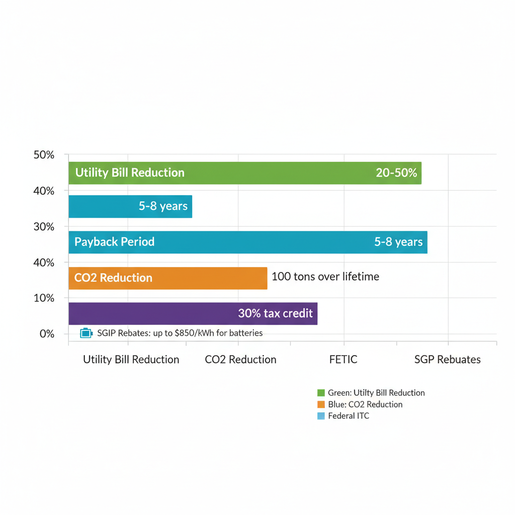 Bar chart showing energy savings, payback period, CO2 reduction, and incentives for solar panels in Camarillo